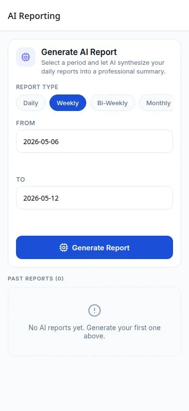 DailySite AI Reporting screen with weekly date range and Generate Report button