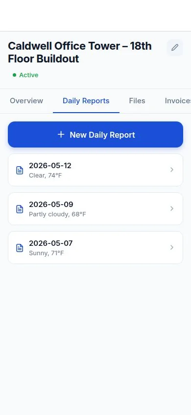 DailySite daily reports listed by date and weather within a demo construction project