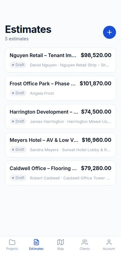 DailySite Estimates screen showing demo construction estimates with amounts and draft status