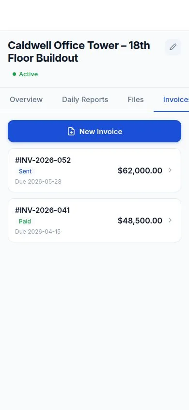 DailySite project invoice list showing sent and paid demo invoices with due dates and amounts