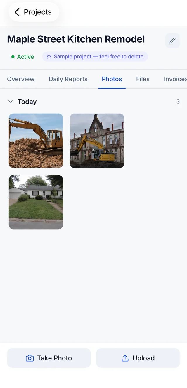 DailySite sample project's Photos tab with three images grouped under Today