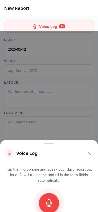 DailySite Voice Log microphone panel inside the new daily report form